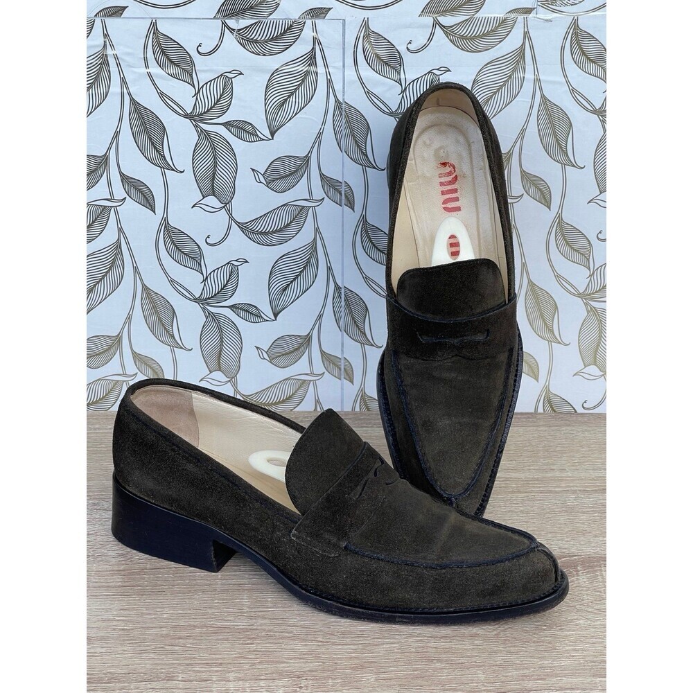 Miu Miu Vintage Olive Suede Penny Loafers IT 38.5 Academic It-Girl Grunge Core